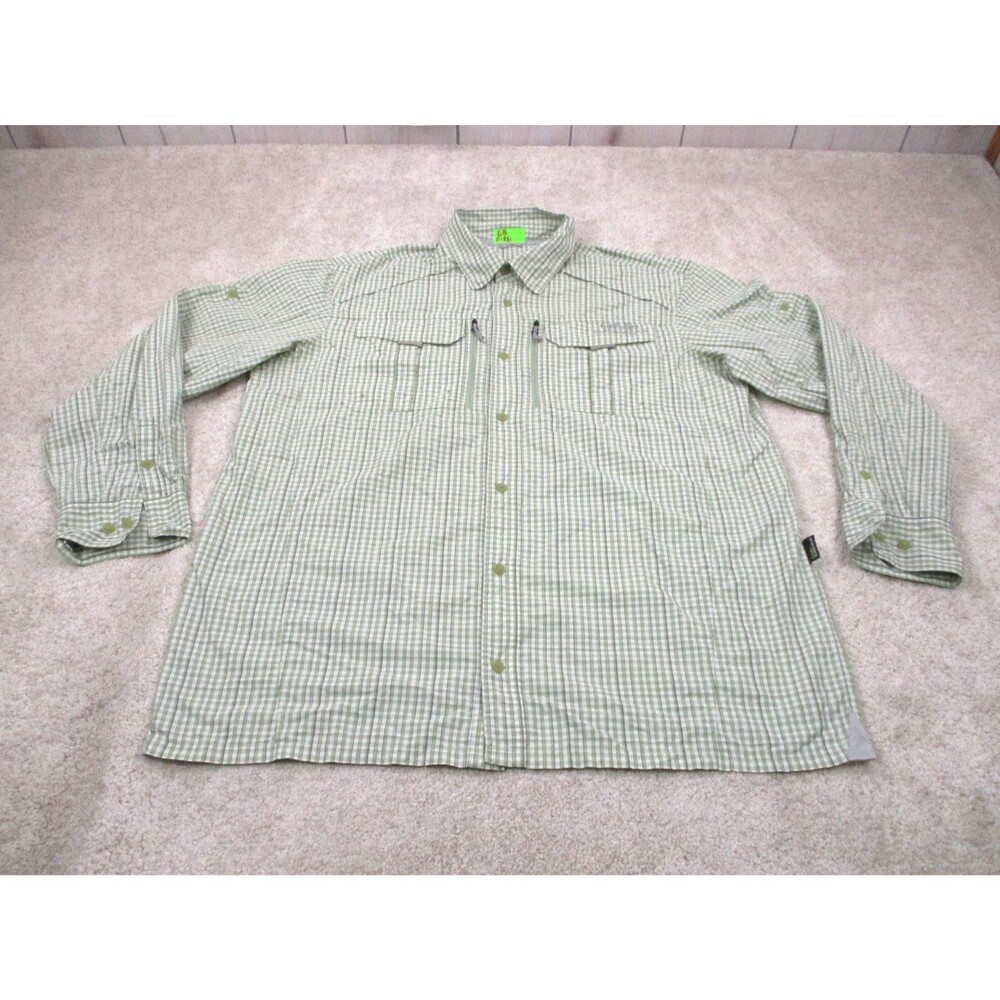 Cabelas Shirt Mens 2XLT Tall Green White Plaid Nylon Guidewear Fishing Button Up